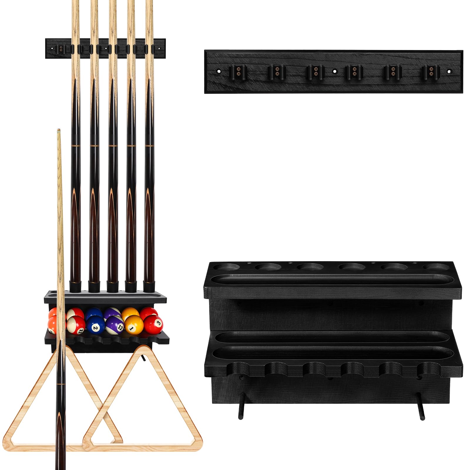 Relaxgiant Wall Mount Pool Stick Holder Billiards Pool Cue Rack Pine Wood Wall Mount Holds 6 cues and Full Ball Set Pool Table Accessories Equipment Organizer for Billiard Room, Bar, Club (Black)