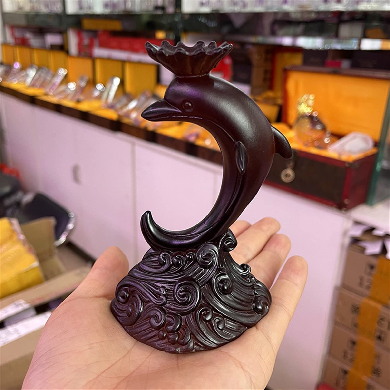 METINT Dolphin Resin Statue Crystal Ball Holder Sphere Display Stand Sculpture Figurines Desktop Home Ornament for 2-5cm Balls (Color : Brown)