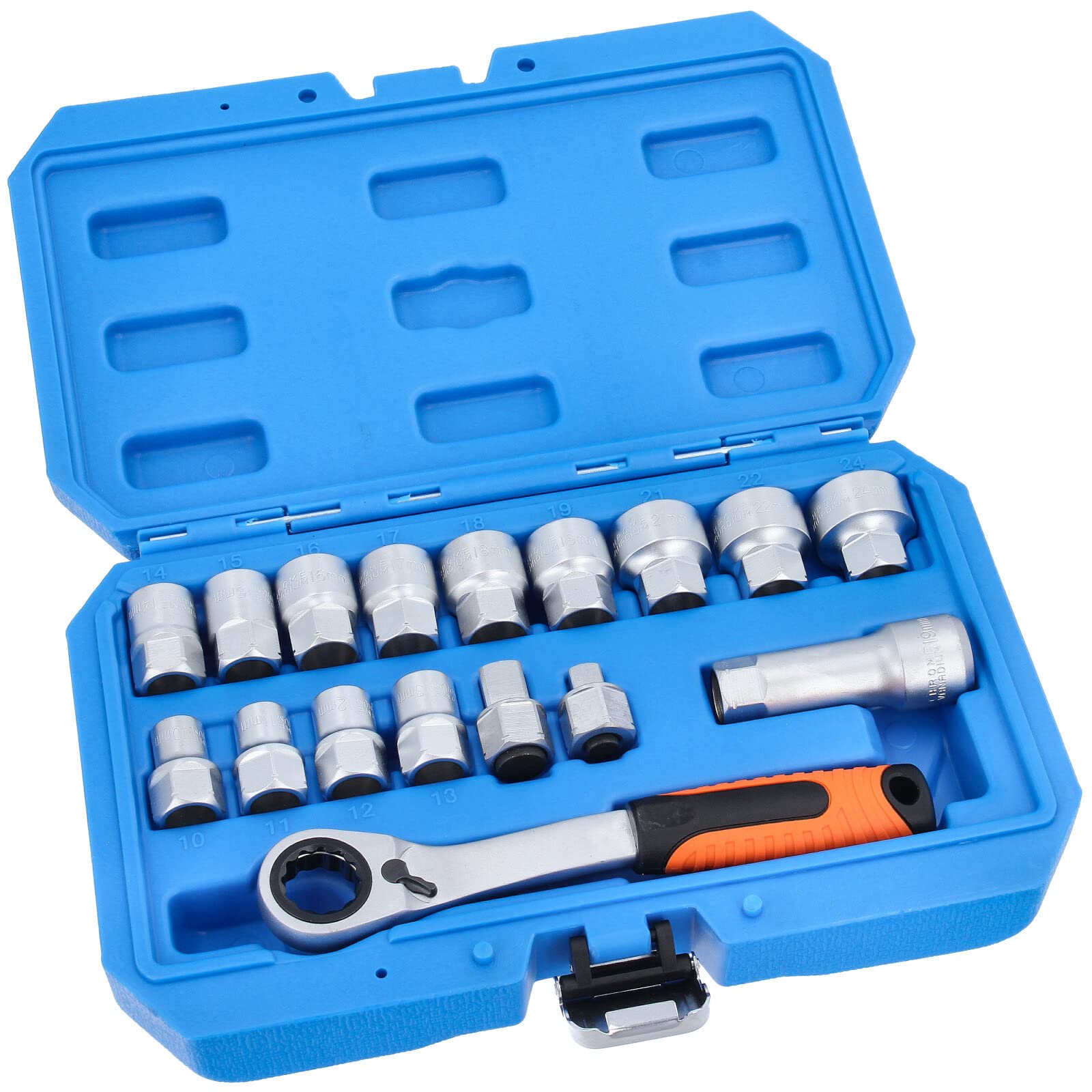 GEPCO Jeu de clés à douille traversantes 10-24 mm et cliquet réversible 19 mm 3/8" 1/2" 17 pièces