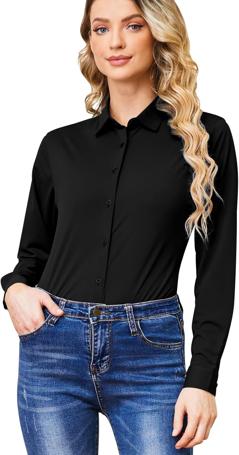Wrinkle Free Button Down Shirts for Women Charm Slim-Fit Long Sleeve Formal Solid Dress Shirt Blouses Tops - Image 5