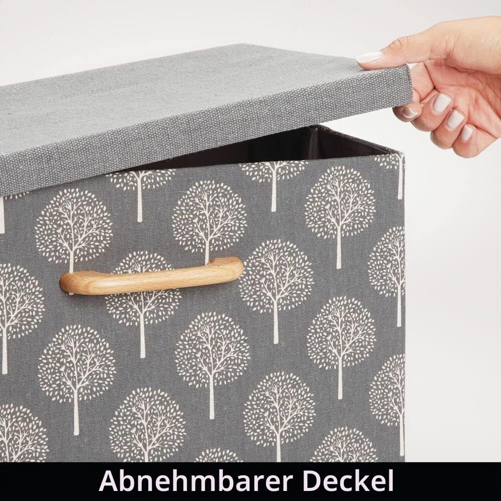 mDesign 2er-Set Aufbewahrungsbox – weich strukturierte Stapelbox mit Deckel und Holzgriff – stabile Faltbox mit Baummotiv aus Polyester für Bad, Schlafzimmer oder Kinderzimmer – grau