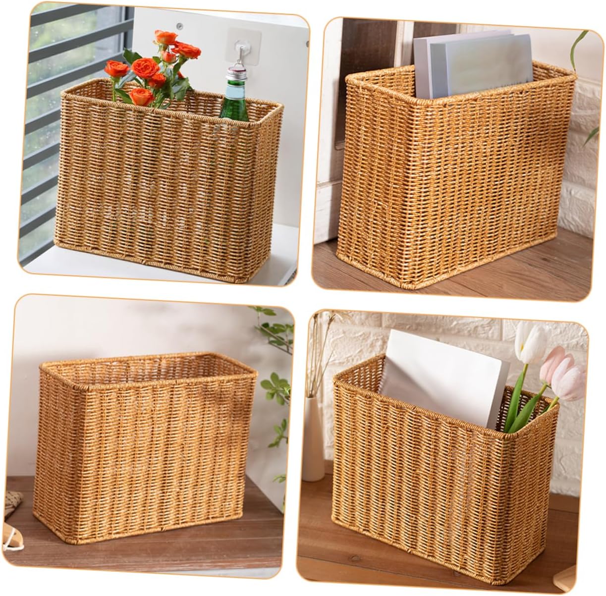 Luxshiny Imitation Rattan Storage Basket Decorative Desktop Woven Bin for Organizing Sundries Narrow Design for Home Yoga Mat Storage image 4