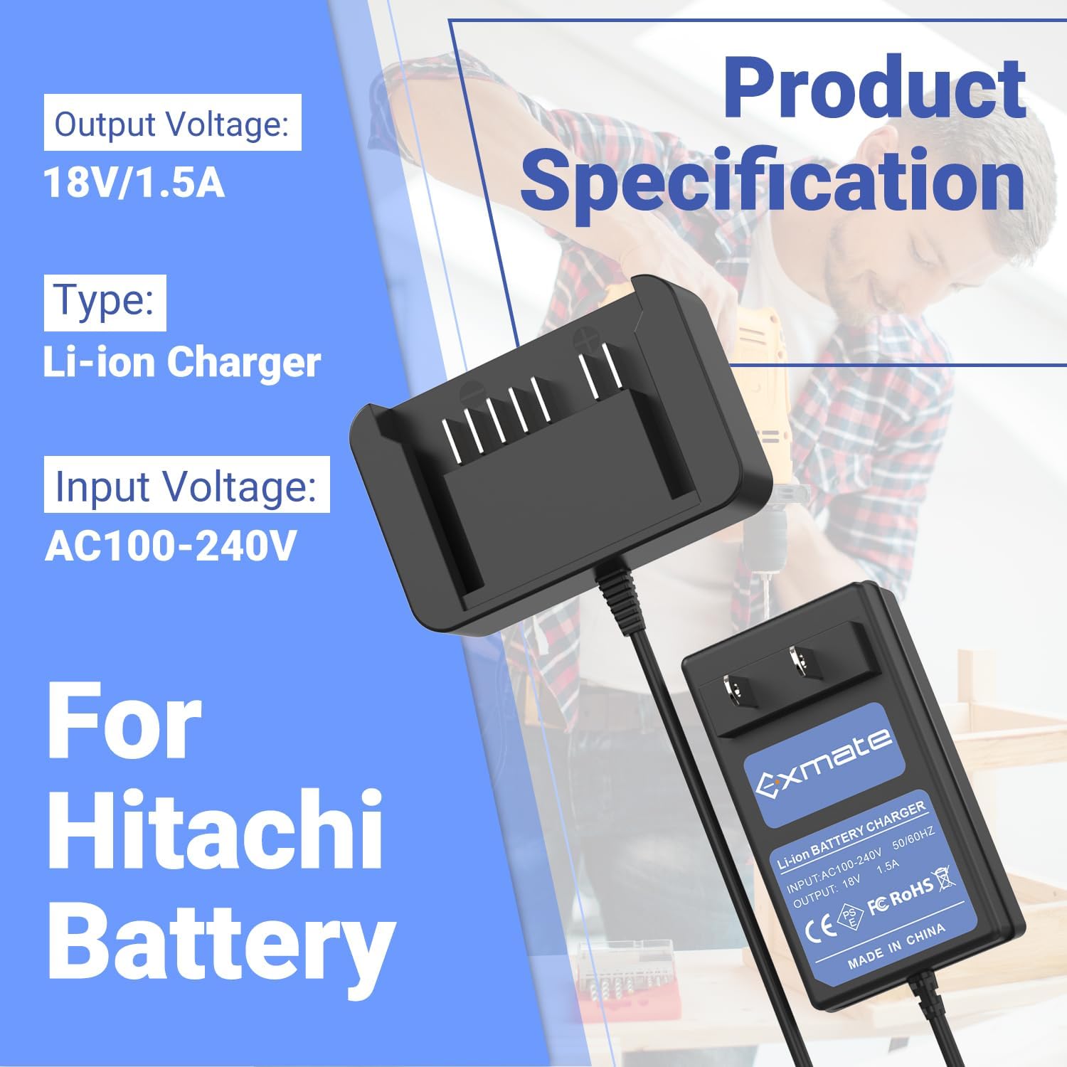 Exmate 18V Charger Compatible with Hitachi 18V Battery BSL1830C BSL1815S BSL1815X BSL1830 330139 330557 339782