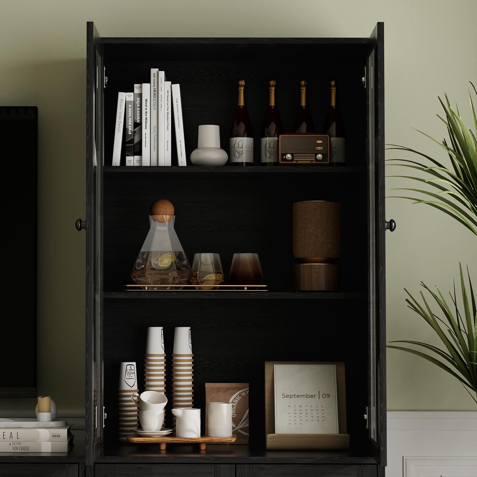 VOWNER Grand Meuble TV Bibliothèque pour Télé jusqu'à 70", 280x180.3x40cm Meuble TV Suspendu avec Portes en Verre et Étagères, Meuble Télé Bois pour Salon, 2B+2E (Noir)