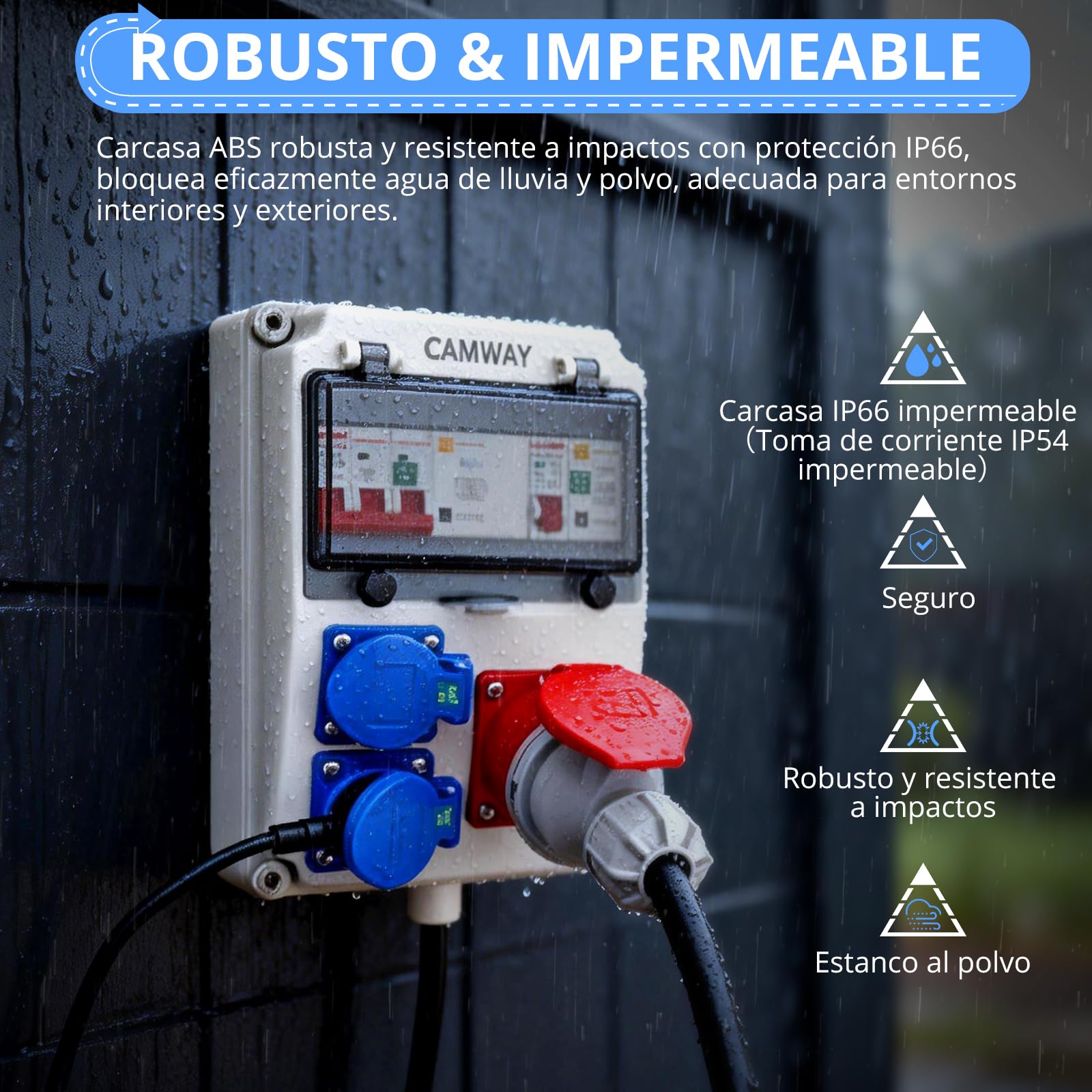 CAMWAY Distribuidor de Corriente para Construcción de pared con LS+FI, 2 Enchufes Schuko 230 V+1 Enchufe CEE 16A, IP66 Impermeable, Carcasa ABS Ignífugo para Interiores, Exteriores, Talleres y Fábrica