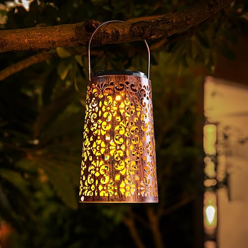 Miniatura 8 de Paquete de 4 faroles solares colgantes para exteriores, 2 modos ajustables de luz blanca y cálida, luces solares impermeables de metal para patio,