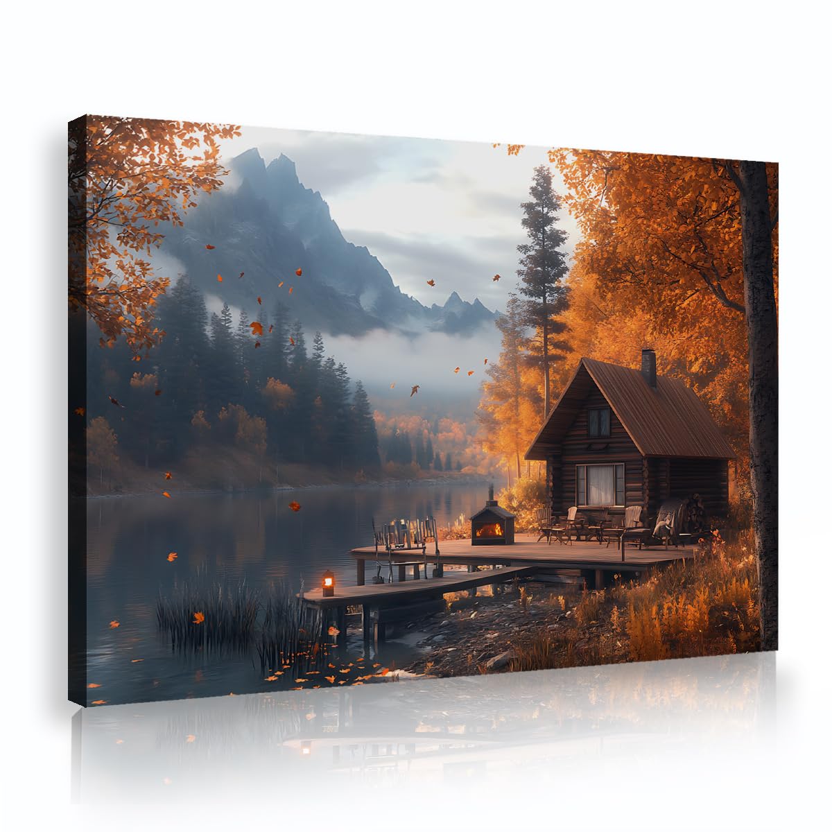 Via Vela Serene Wooden Cottage Wall Art Canvas Print Fall Woods Mountain Painting Falling Leaves Landscape Poster Nature Picture for Living Room Hallway Decor 70x105cm