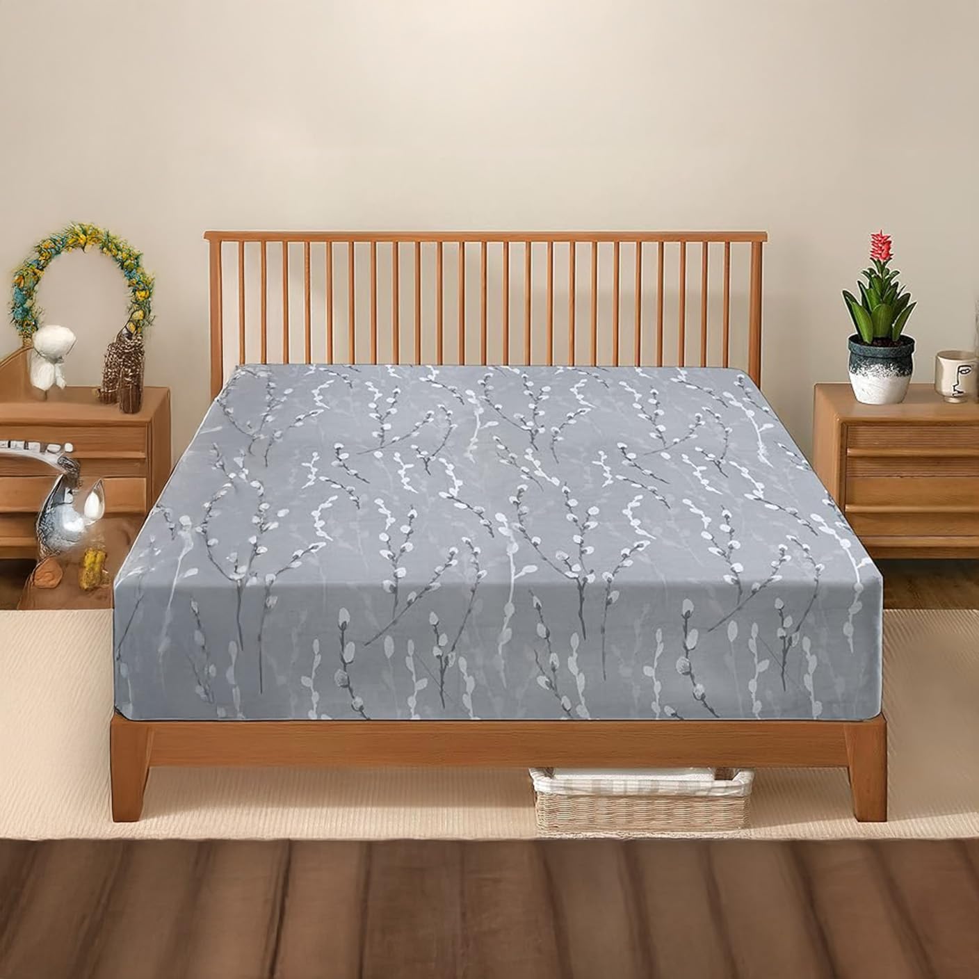 DANYDude 100% Egyptian Cotton Floral Printed Single Fitted Sheet 400 Thread Count Fitted Sheets Single Soft & Machine Washable 30cm/12” Extra Deep Fitted Bed Sheets Room Decor