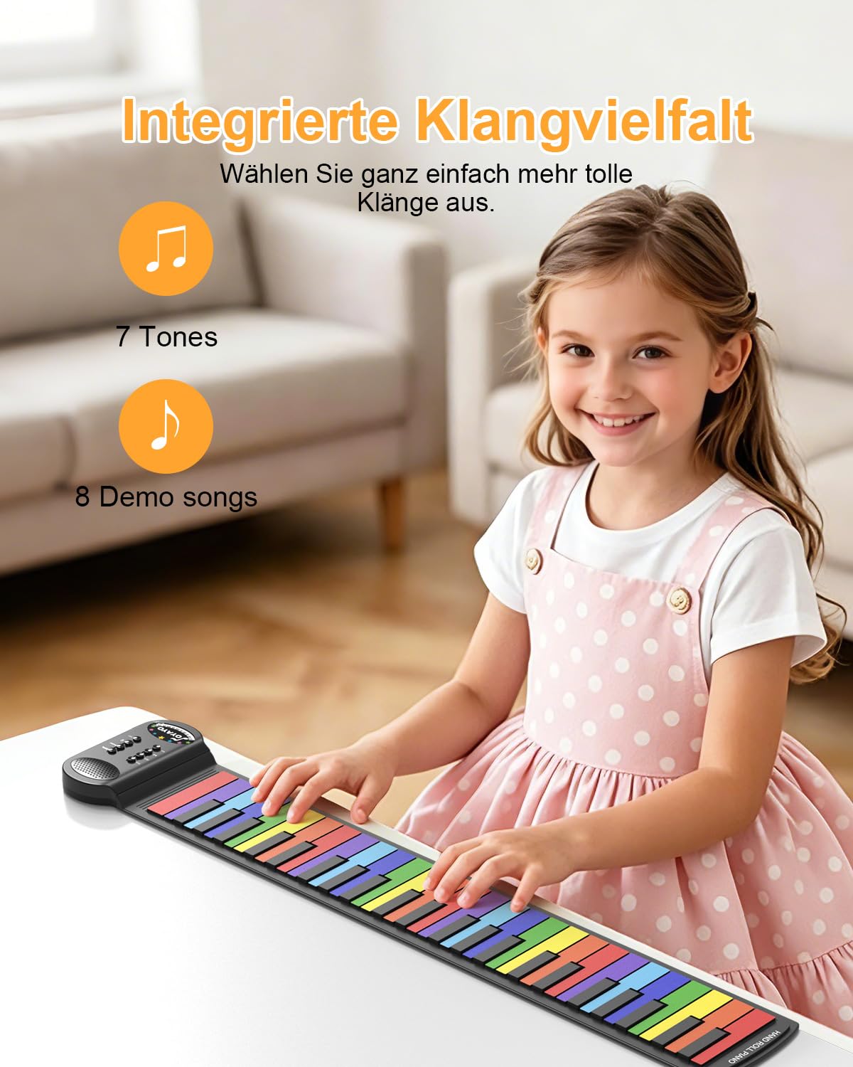 49 Tasten Roll up Faltbares Piano Klavier für Anfänger, Regenbogen Electronic Keyboards mit 8 Töne 6 Demos, Wiederaufladbar Silikon Mini Klavier mit Aufnahme Monitor modus