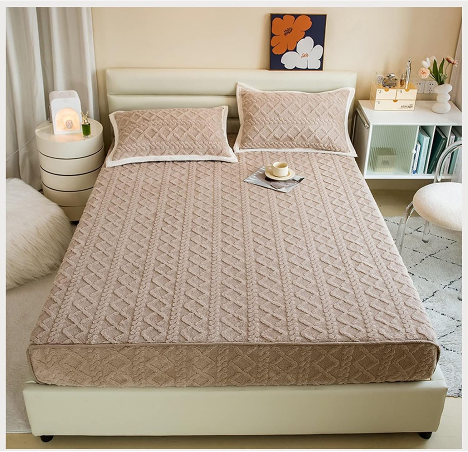 シーツ ミルクフリースジャカード生地 ベッドカバー マットレスプロテクター ベッドカバー トッパー (色 : カーキ, サイズ :