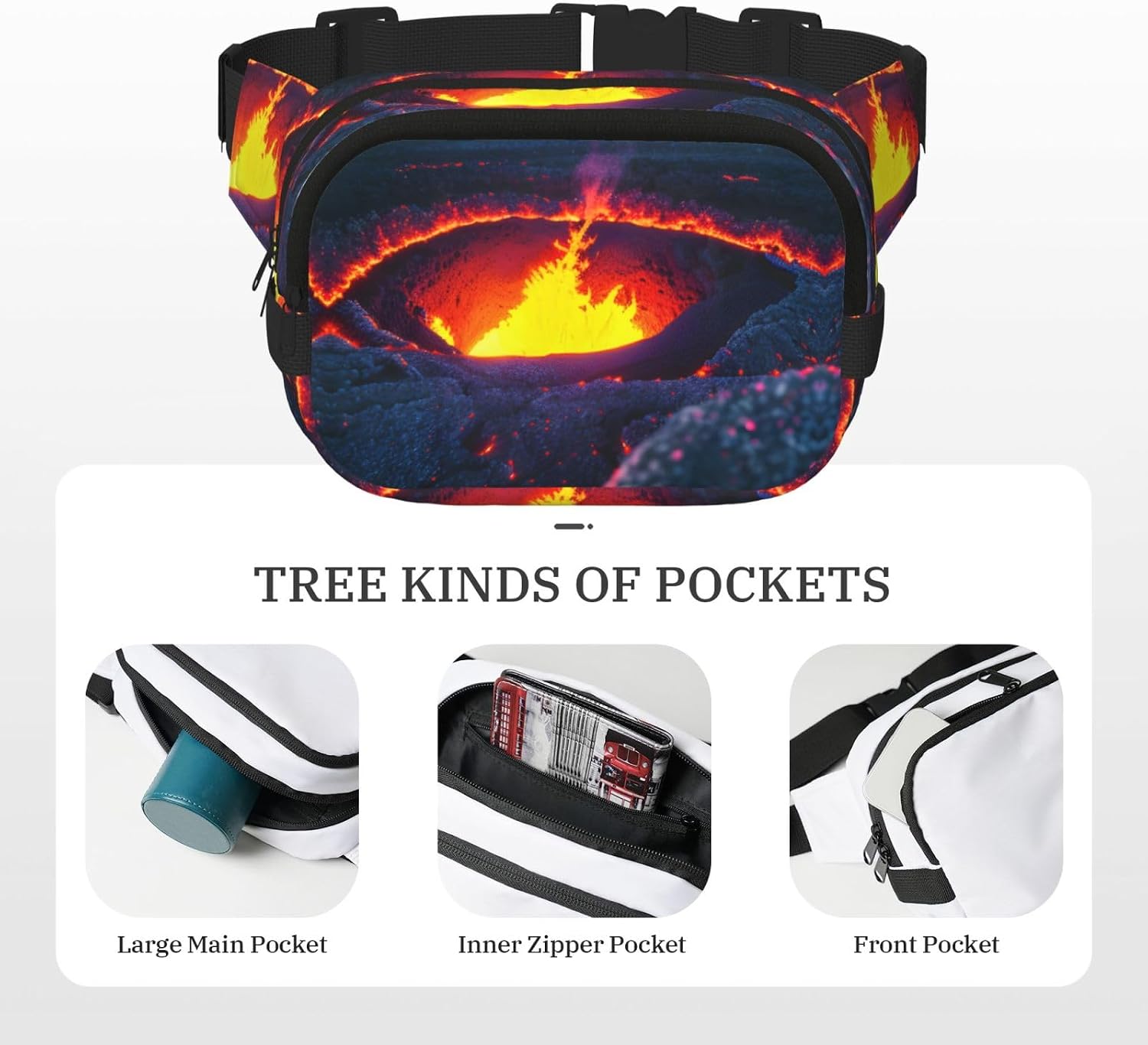 Kilauea Volcano Print Fashion Waist Packs Square Layer Waist Bag Black Belt Bag with Adjustable Strap
