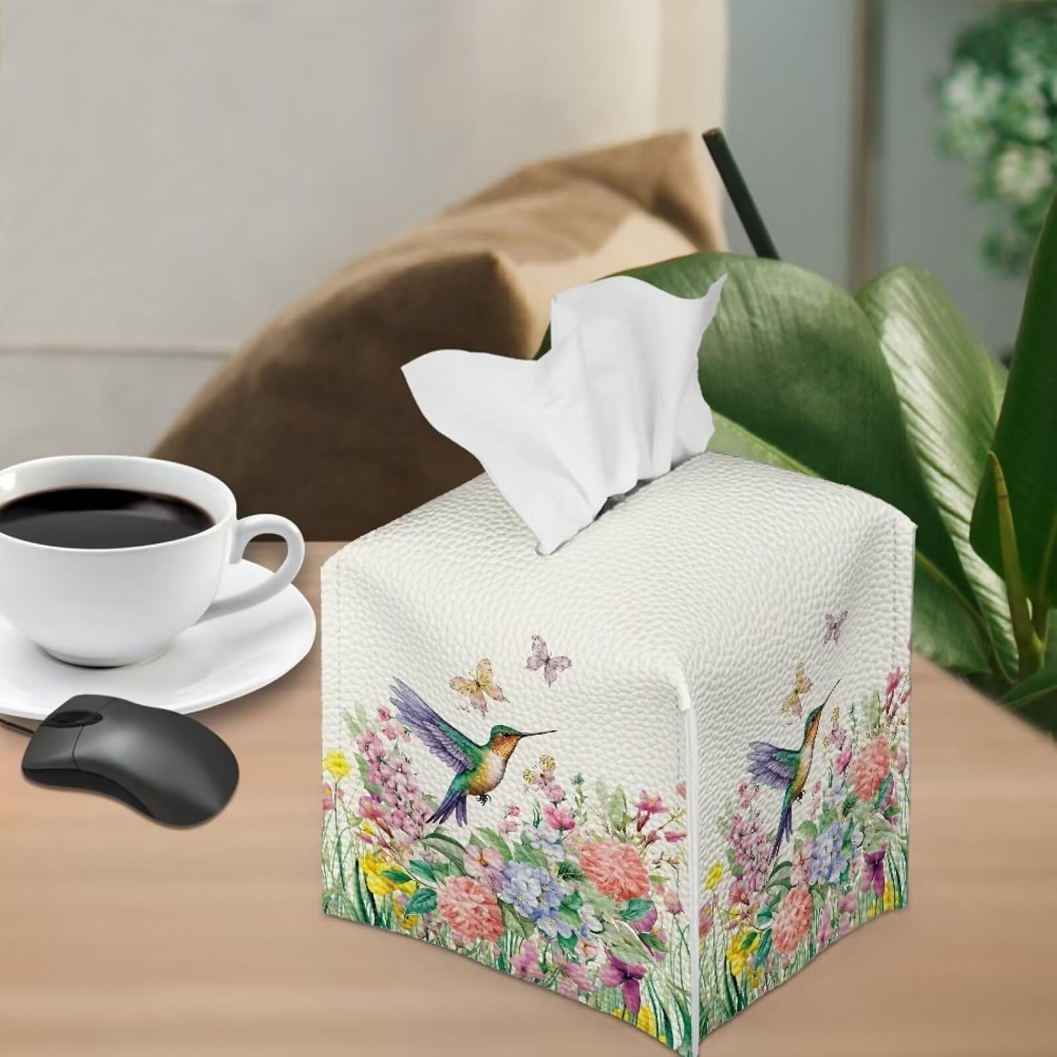 Hummingbird Tissue Box Cover Floral Leather Tissue Box Cover White Tissue Box Covers Cube for Countertop Tissue Boxes Bathroom Car