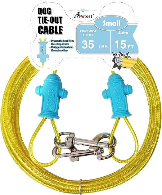 Petest Reflective Tie Out Cable with Crimp Cover for Small Dogs Up to 35 Pounds, 15 Feet