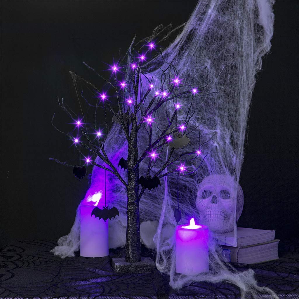 EAMBRITE2FT Black Glitter Spooky Tree Lights with 24 LED Purple Lights and Black Bat Ornaments for Halloween Witch Decoration Battery Operated Indoor Use