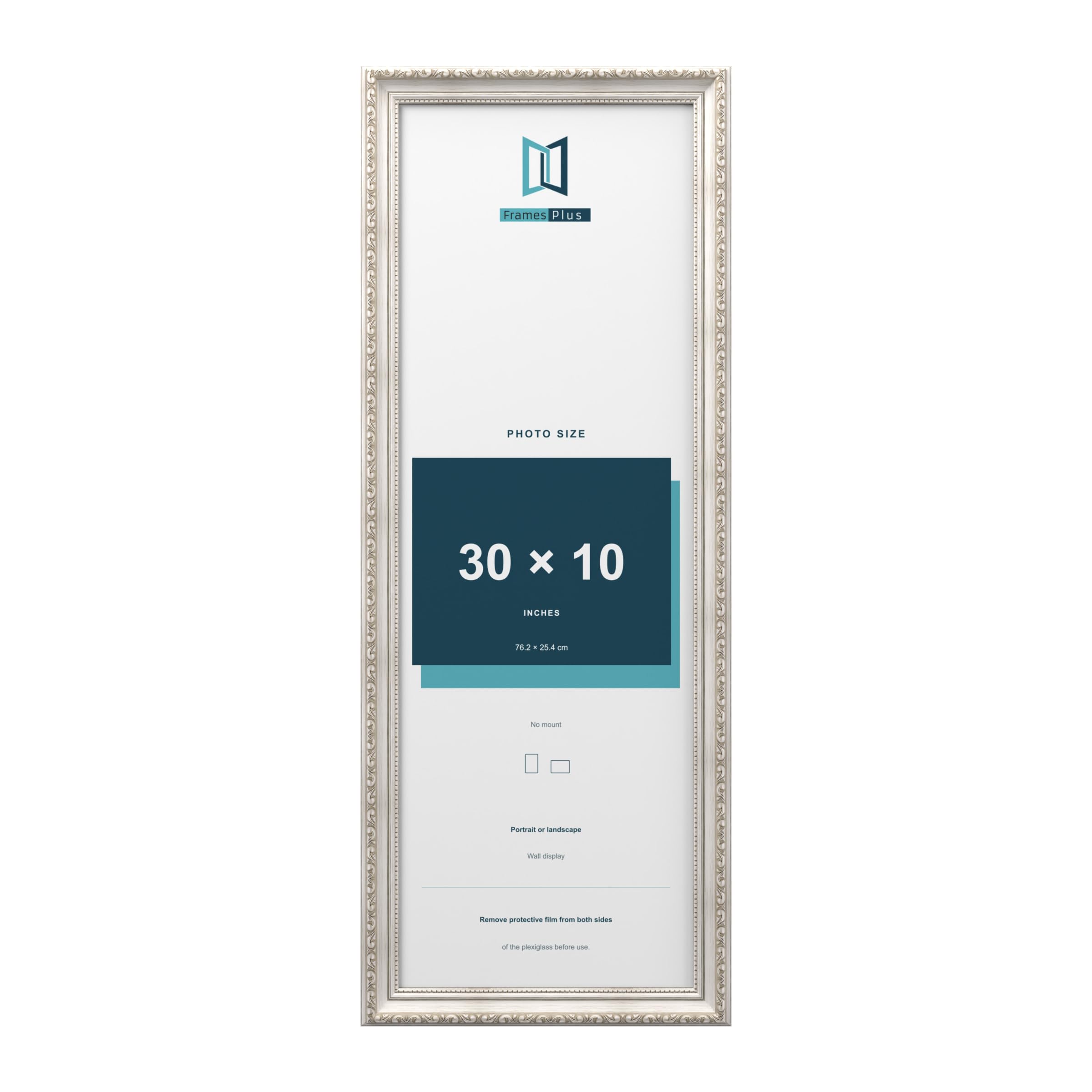 FramesPlus ORNATE Shabby Chic 30x10 Picture Frame, Silver