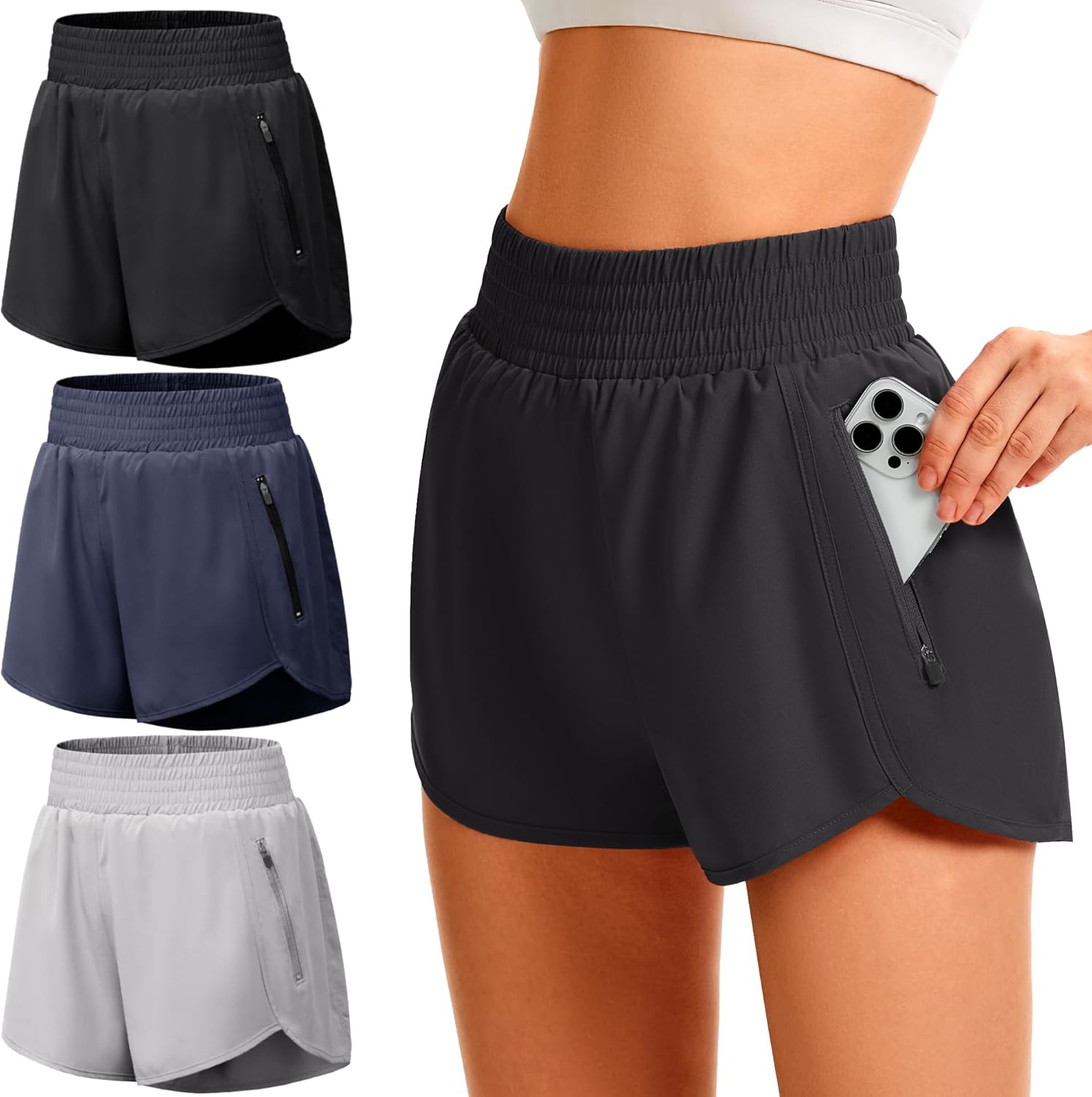 TVKSOM Women's Athletic Workout Shorts High Waisted with Zipper Pockets Gym Elastic Running Shorts for Women Casual