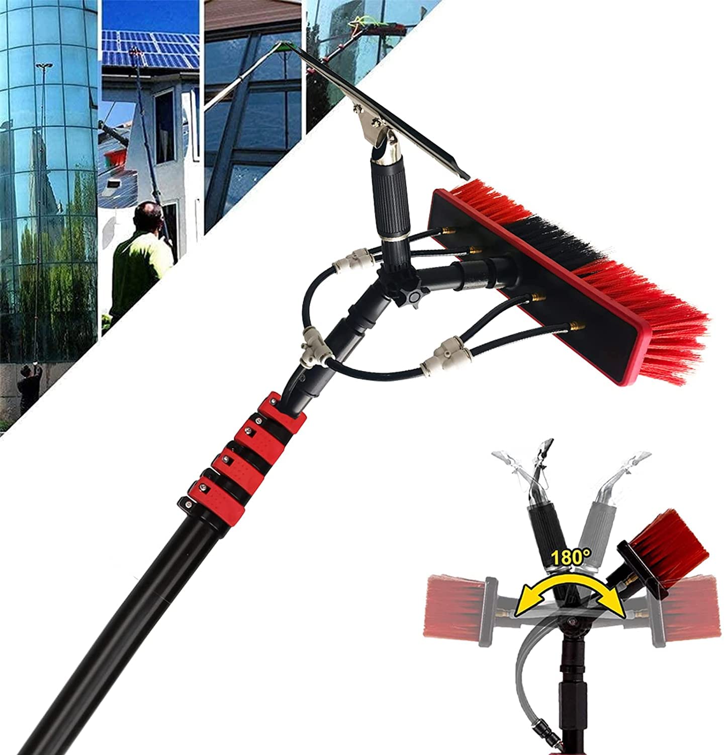 Brosse télescopique alimentée en eau et raclette avec poteau de nettoyage de vitres de 20 pieds
