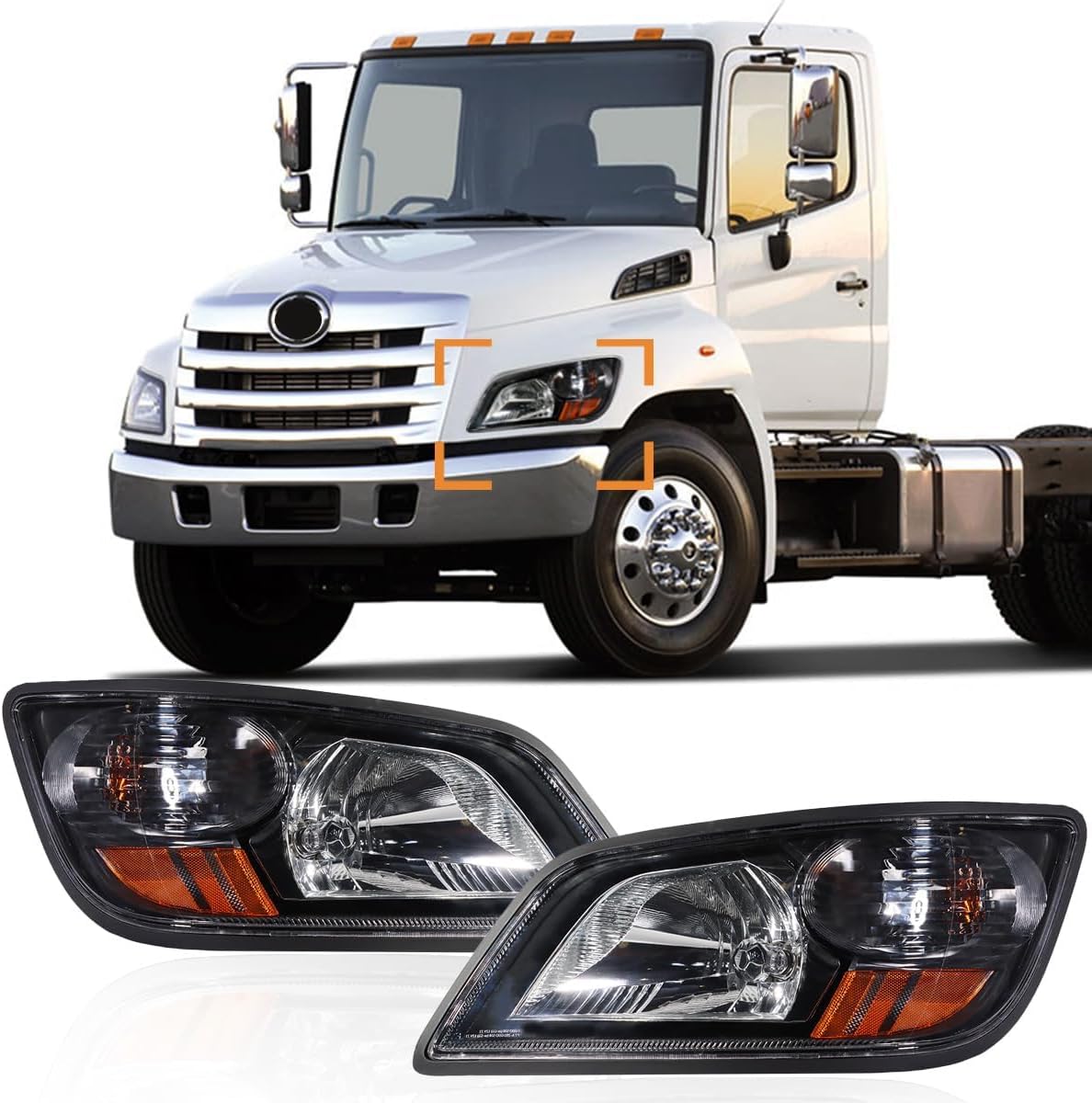 Headlight fit for 2011+ Hino 238 258 268 338 Truck Left Driver and Right Passenger Side Pair Gray Housing Headlamp (Black, Pair)