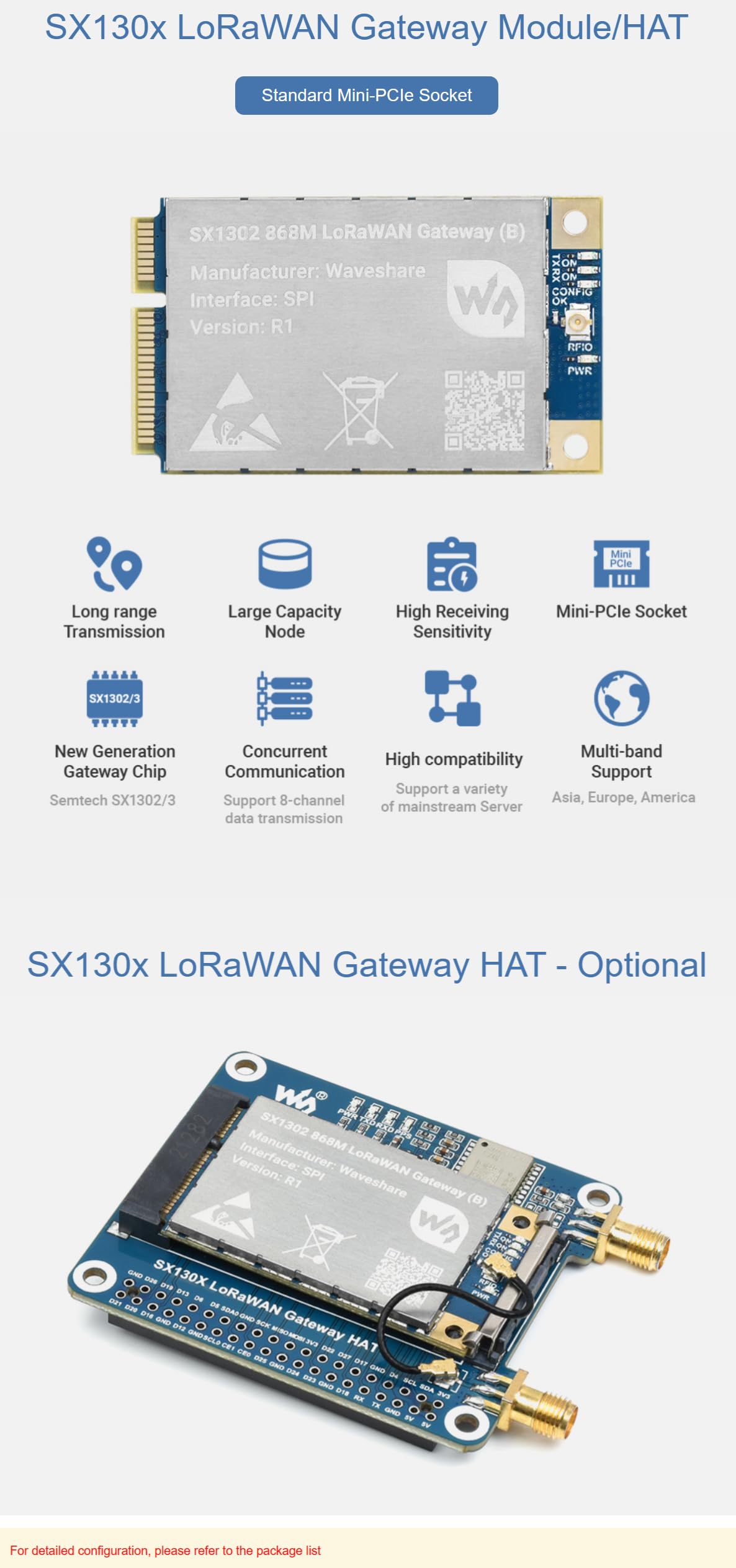 SX1303 Modulo gateway LoRaWAN 915M compatibile con Raspberry Pi Presa mini-PCIe standard Trasmissione a lungo raggio Supporto multibanda NON incluso HAT