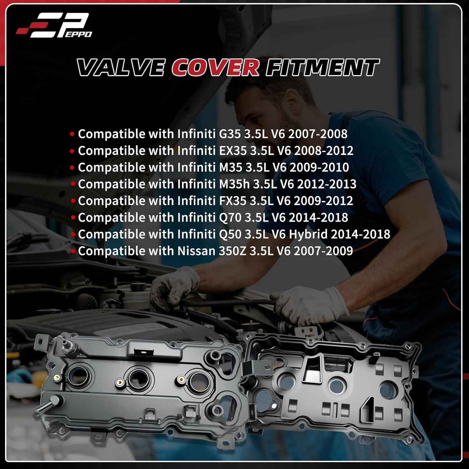 EPPO Valve Cover 13264-Jk20A 13264-Jk20B Compatible with Nissan Infiniti 2008-2018 350Z EX35 FX35 G35 M35 Q50 Q70, V6 3.5L Gasoline Engines VQ35HR 13264JK20A, 13264JK20B