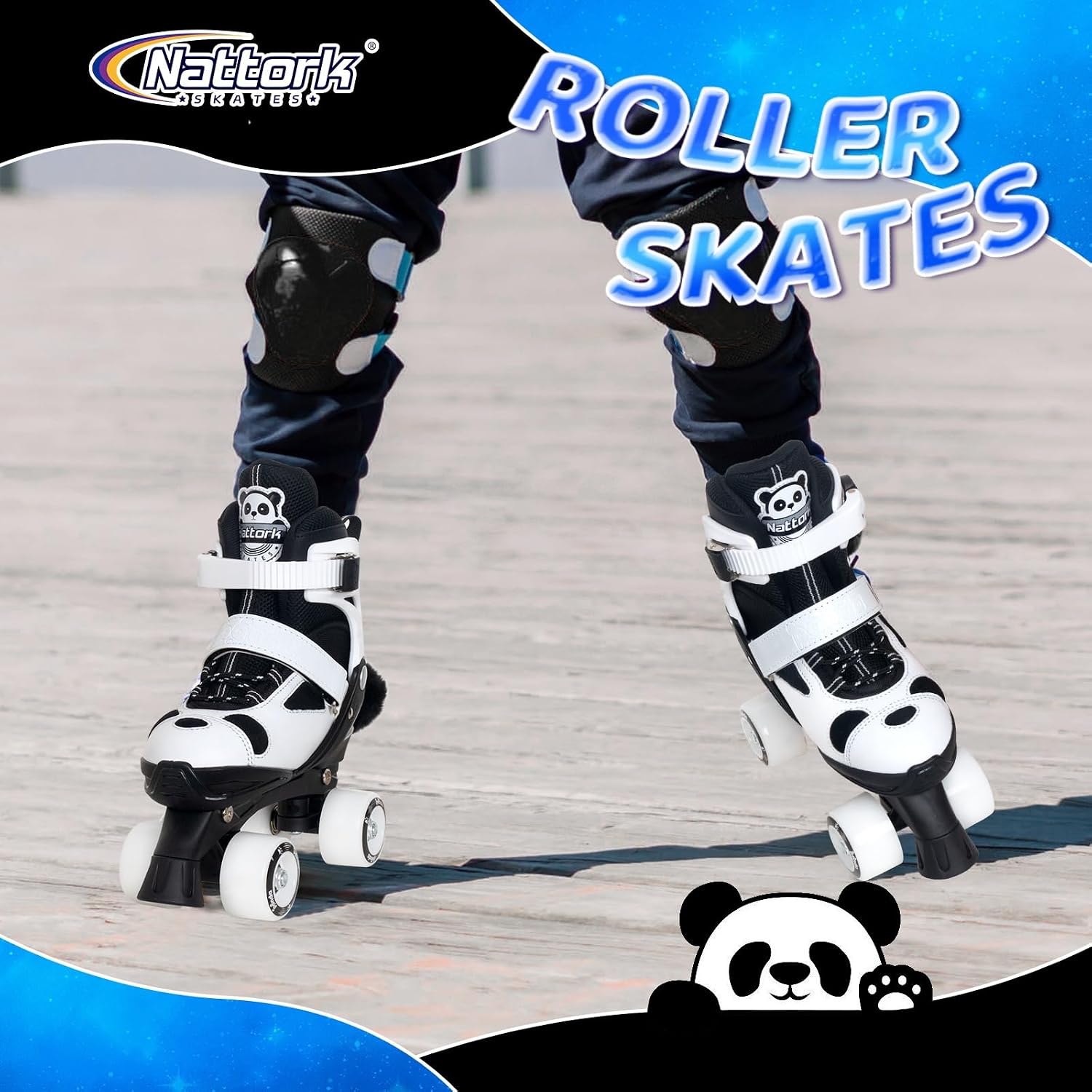 Nattork Kids Roller Skates for Girls Boys, 4 Size Adjustable Panda Quad Skates with All Light up Wheels, Beginner Roller Skates - Birthday Gift for Outdoor Indoor