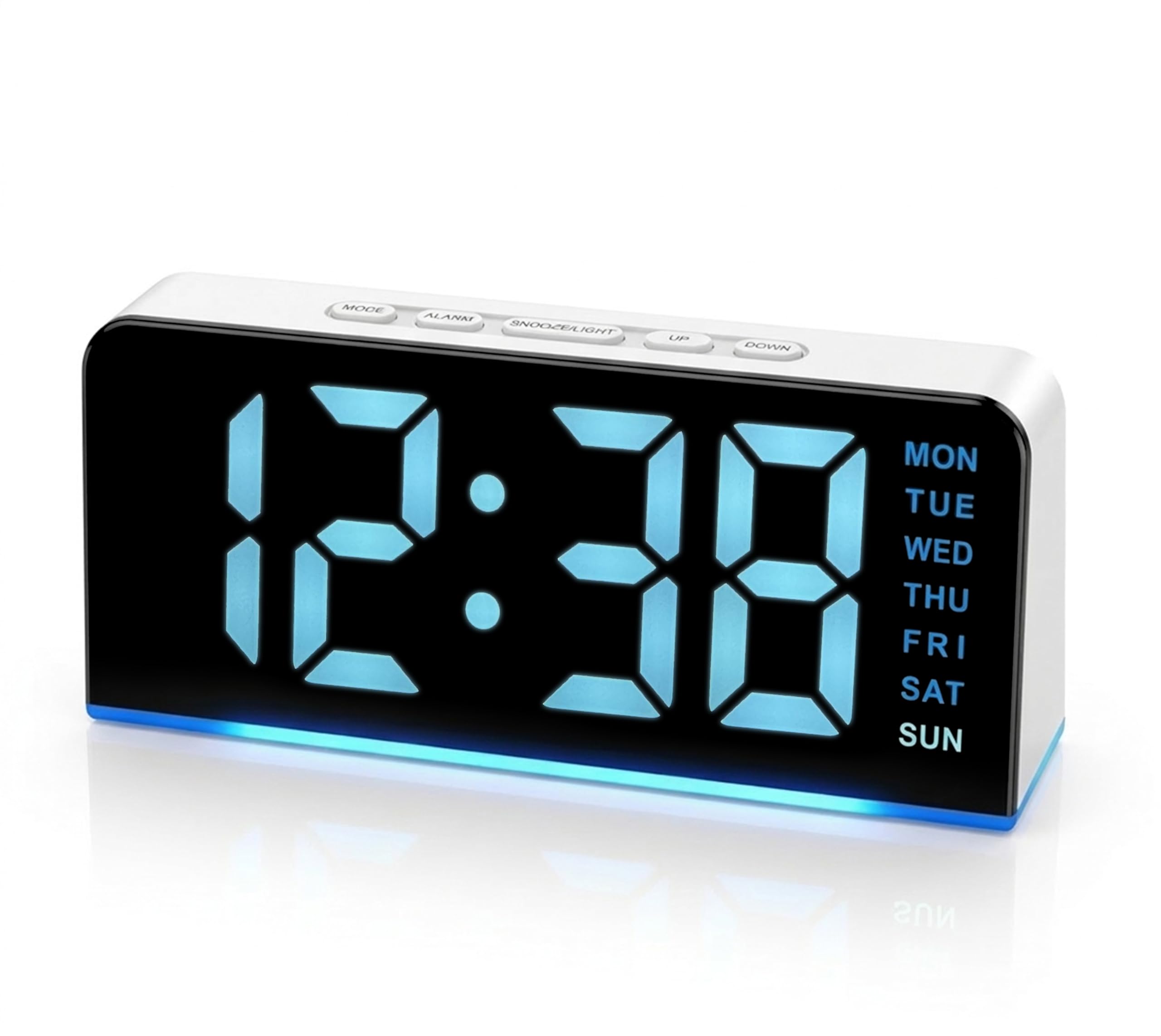 iTOMA Dual Alarm with Snooze Buzzer-Wake Up and 3 Week Modes. ICE Blue LED Digital Clock with Dimmer, Night Light. Alarm Clock with Temperature, 12/24H Display