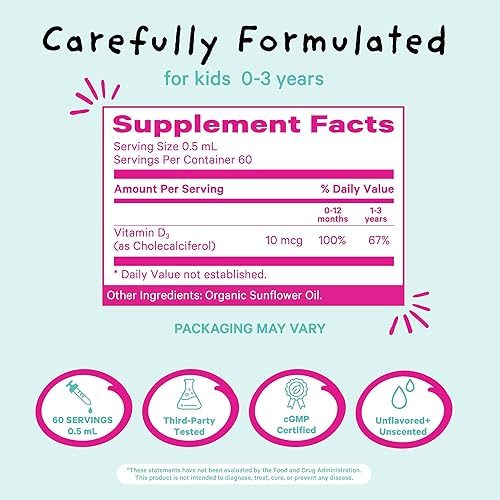 Miniatura 4 de Pink Stork Gotas líquidas de vitamina D para bebés, 400 UI de vitamina D3 para recién nacidos y niños para ayudar a apoyar el desarrollo óseo y la