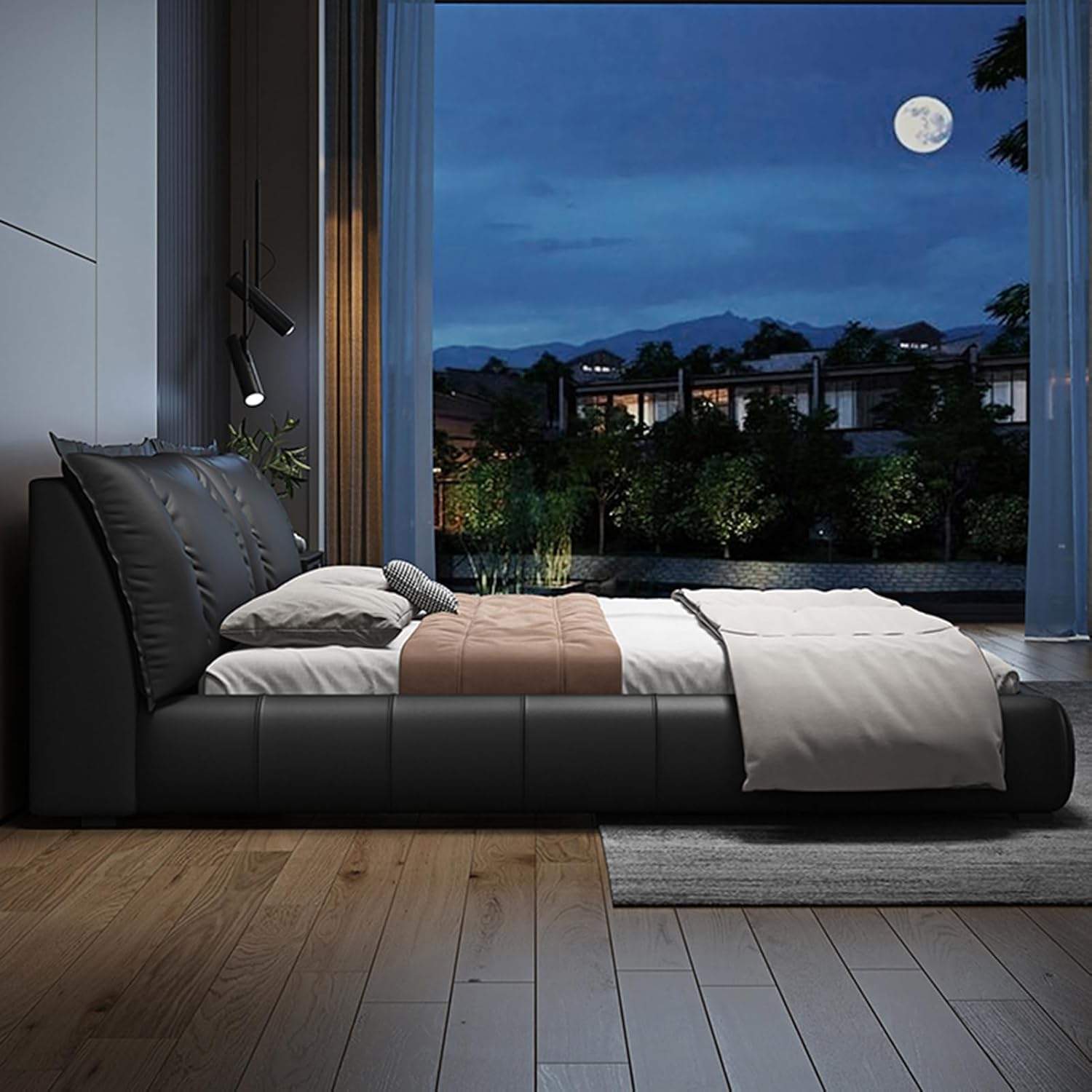 Black Modern Leather Queen Size Platform Bed Wooden Slats Support with 2-Tier Headboard Noise-Free