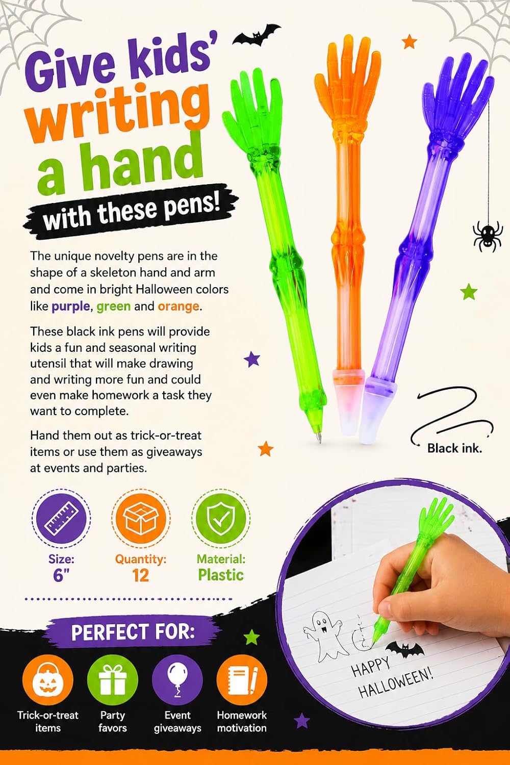 Fun Express 6" Halloween Bright Skeleton Hand Plastic Pens - 12 Piece