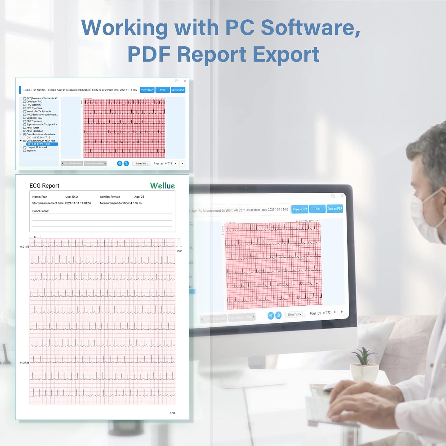 Medical professional reviewing a Wellue ECG report in PDF format on a computer.