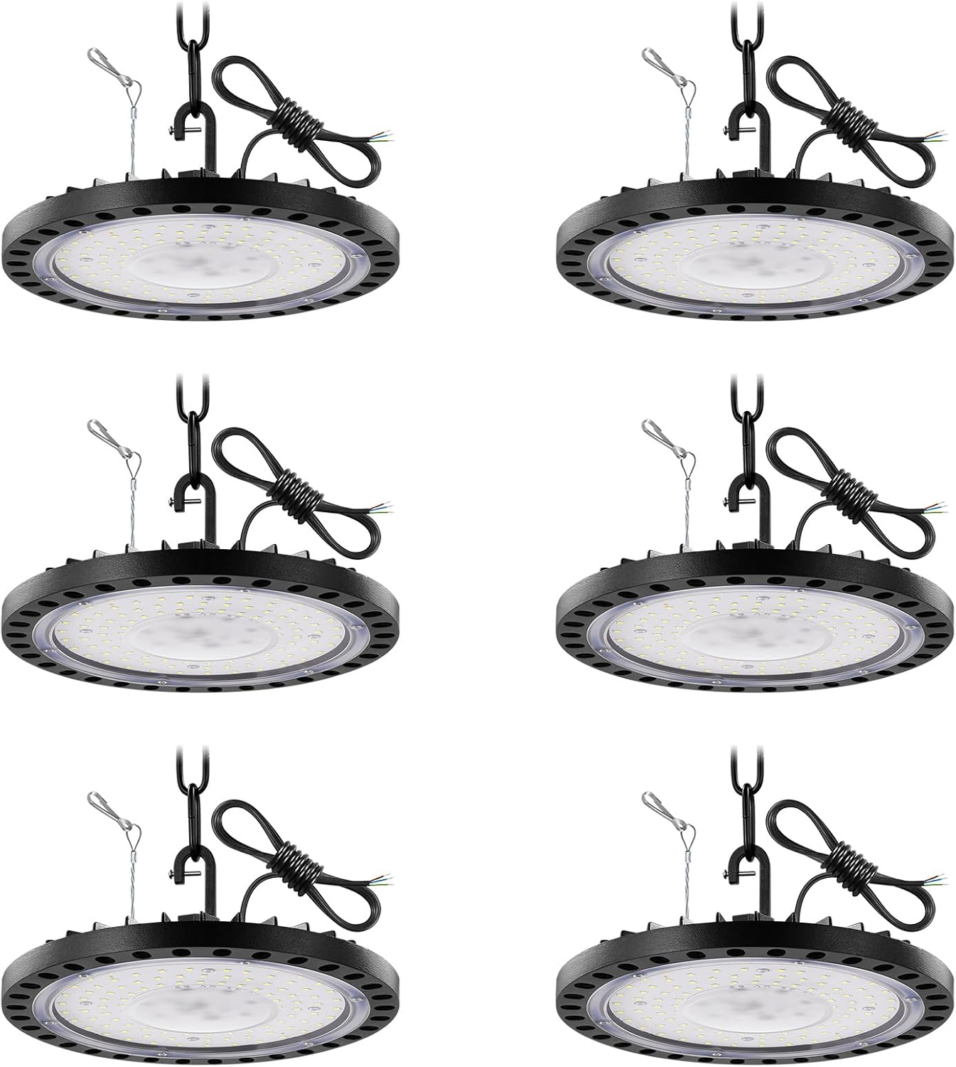 6 Pack 100w 10000lm UFO High Bay Led Shop Lights for Workshop 5000k IP65 Commercial Bay Lighting with US Hook/1.64ft Hanging Chain /3.28ft Safety Rope/1.64ft Cable for Garage Gym Factory