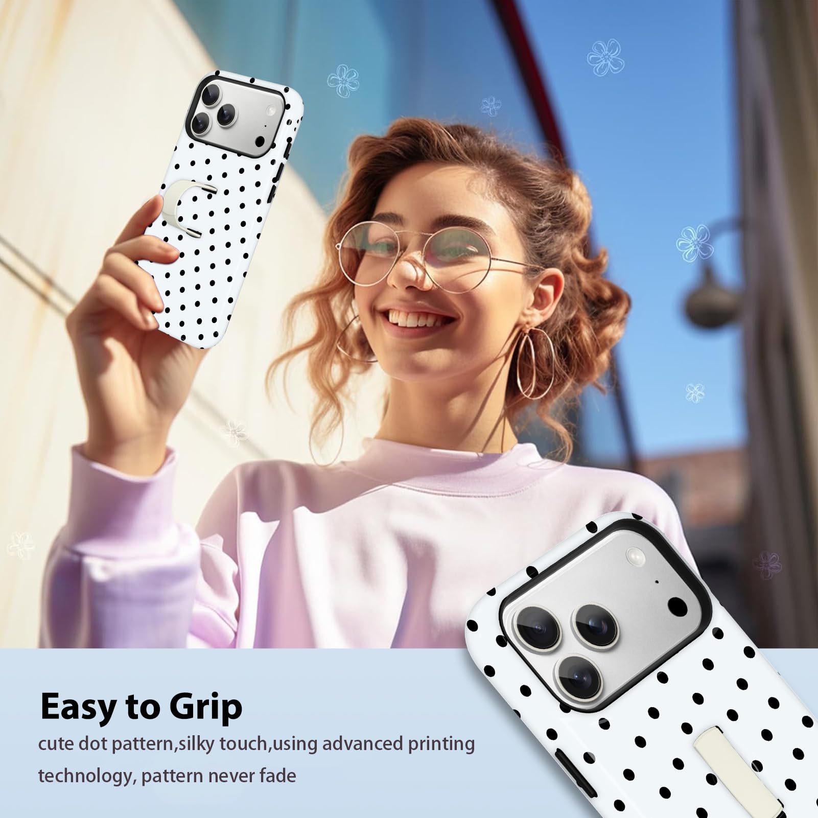 KANGHAR Custodia a pois per iPhone 17 Pro Max con supporto a strappo nascosto - Cover ibrida 2 in 1, sottile, antiurto, compatibile con MagSafe, protezione obiettivo fotocamera, unisex quotidiano