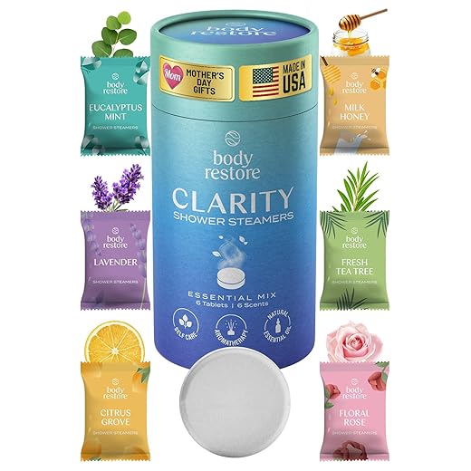 Body Restore Shower Steamers Aromatherapy 6 Pack – Birthday Gifts for Men, Women, Dad Gift, Easter Basket Stuffers, Stress Relief, Relaxation, Self Care – Clarity
