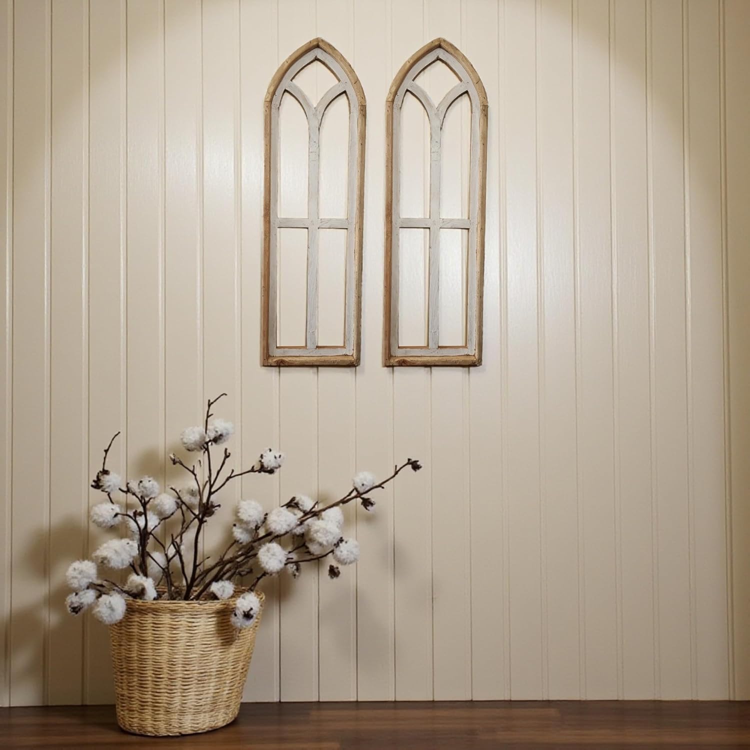 Farmhouse 37-Inch Wooden Wall Windows Cathedral Arches Set of 2 Rustic Ivory Point - Decorative Wood Window Panels