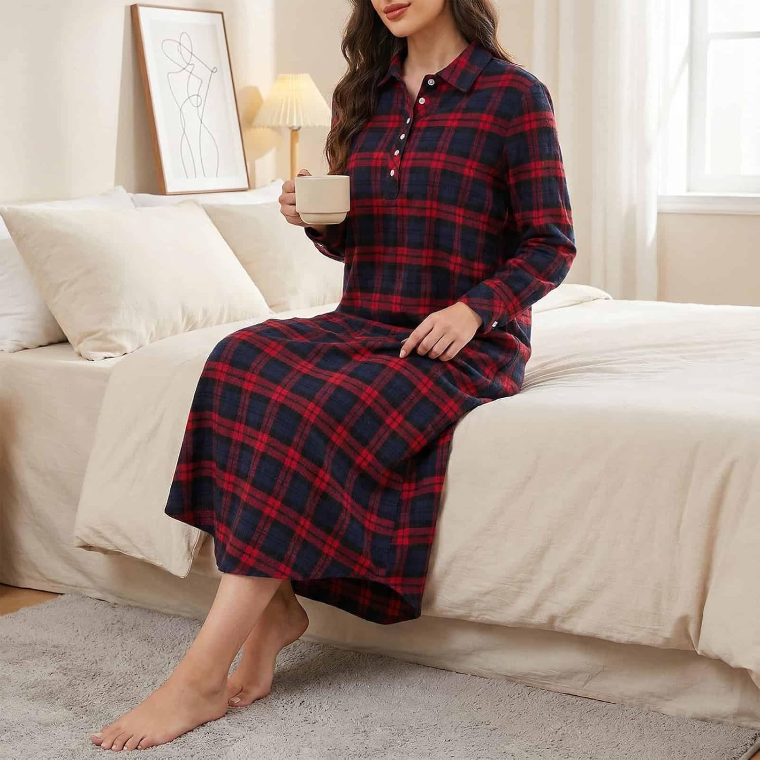 Long Flannel Nightgown for Women Long Sleeve Cotton Flannel Nightgowns with Pockets Winter Plaid Midi Night Gowns - Image 3