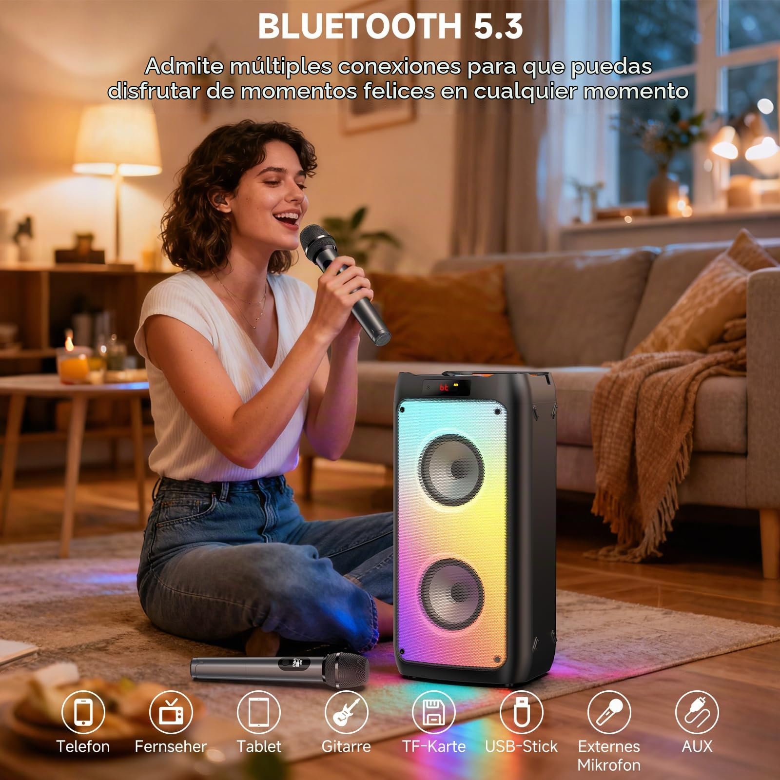 HWWR Karaoke 2 Micrófonos Inalámbricos, Altavoz Karaoke Profesional Bluetooth 5.3, RGB Luces, IPX4 Impermeable, Karaoke Portátil con TF/USB/AUX/TWS para Fiestas, Adultos y Regalos