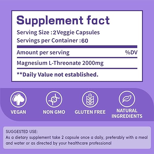 Miniatura 7 de Cápsula de suplemento de L-treonato de magnesio para insomnes fórmula del sueño 2000 mg - Soporte de salud neurológica de 60 días - Verificado