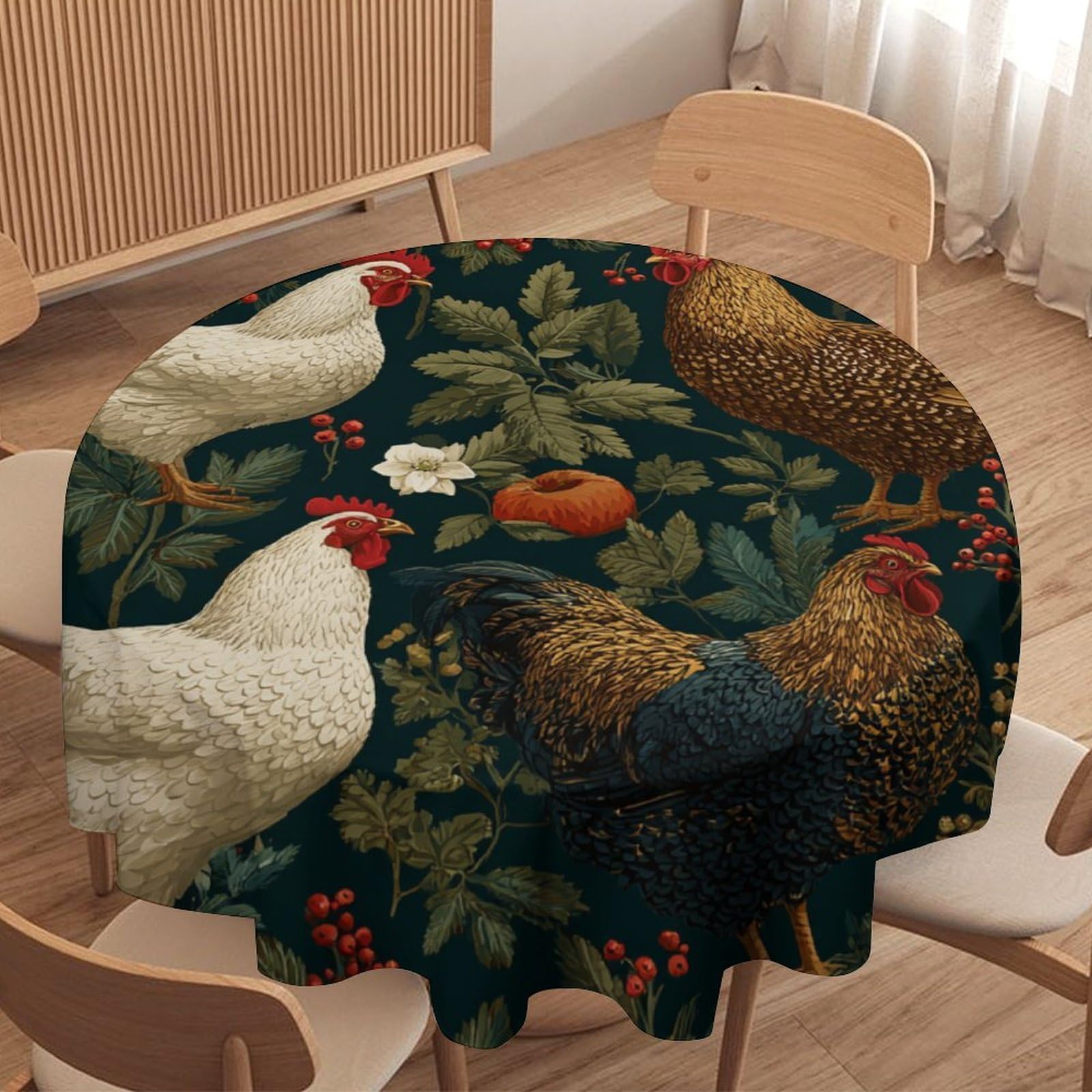 LUYYSKY Classic Abstract Roosters Round Tablecloth Retro Modern Animals Chickens Plants Floral Berries Pattern Washable Decor for Table Cover for Kitchen-70 Wx70 L