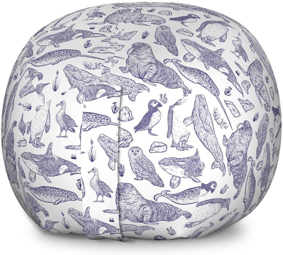 Ambesonne Animal Storage Toy Bag Chair, Sketchy Drawn Arctic Narwhal Snowy Owl Albatross Beluga Whale Penguin, Stuffed Animal Organizer Washable Bag, Large Size, Indigo White