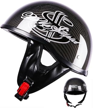 Carbon Fiber Black/Red Retro German Style Scooter Motorcycle Half Helmet, DOT Approved Men Women Vintage Open Face Helmet for Adult Moped Motocross Cruiser Chopper