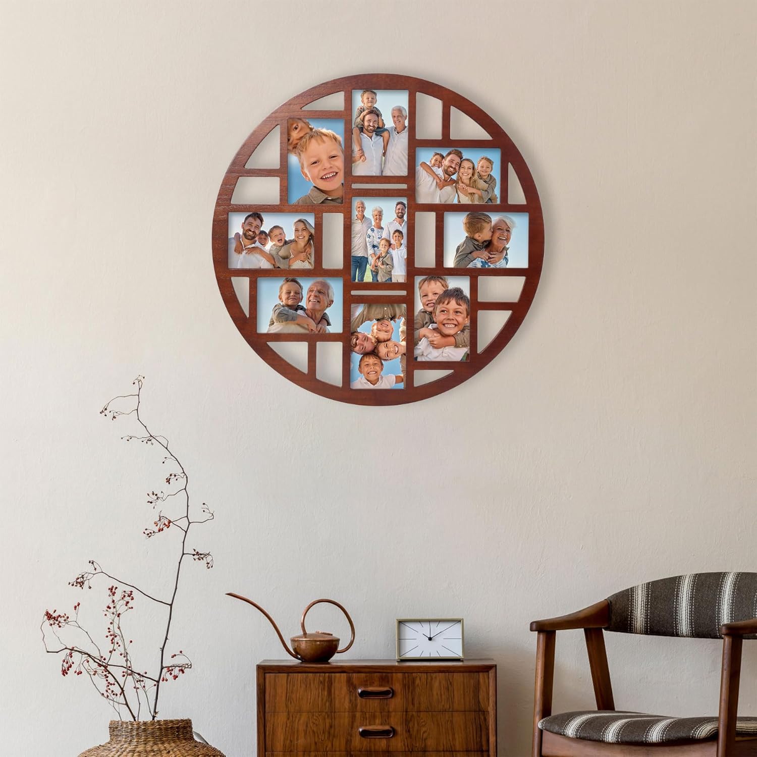 9-opening circular collage picture frame wall decor – white round multi photo frame for 4x6 pictures, modern hanging wall art for living room, bedroom, or hallway – 22.05 x 22.05 inch dark brown 9 opening-round