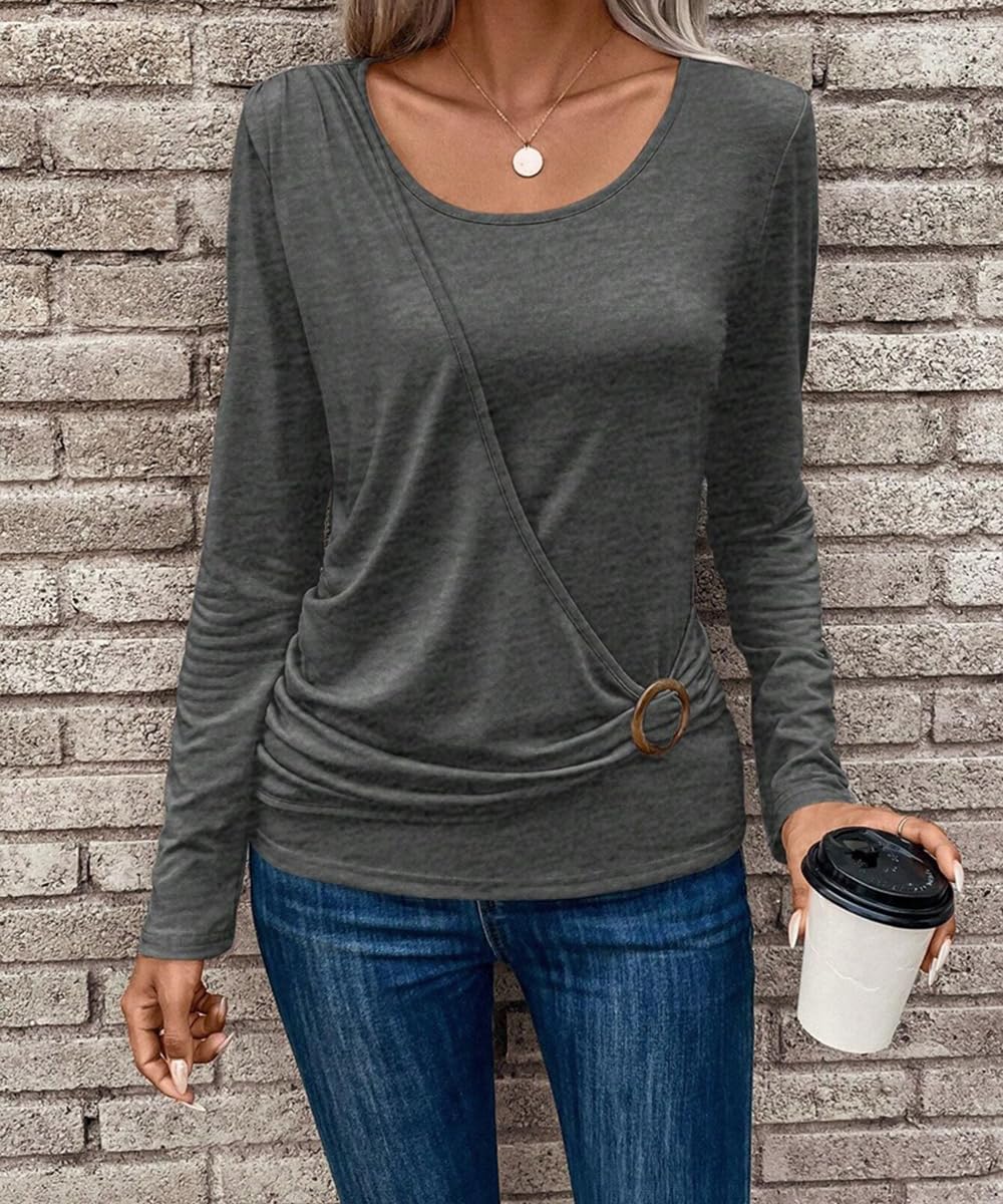 ABINGOO Donna Maniche Lunghe Magliette Elegante Girocollo Tunica Top Button Pieghe Shirt Tinta Unita Camicie