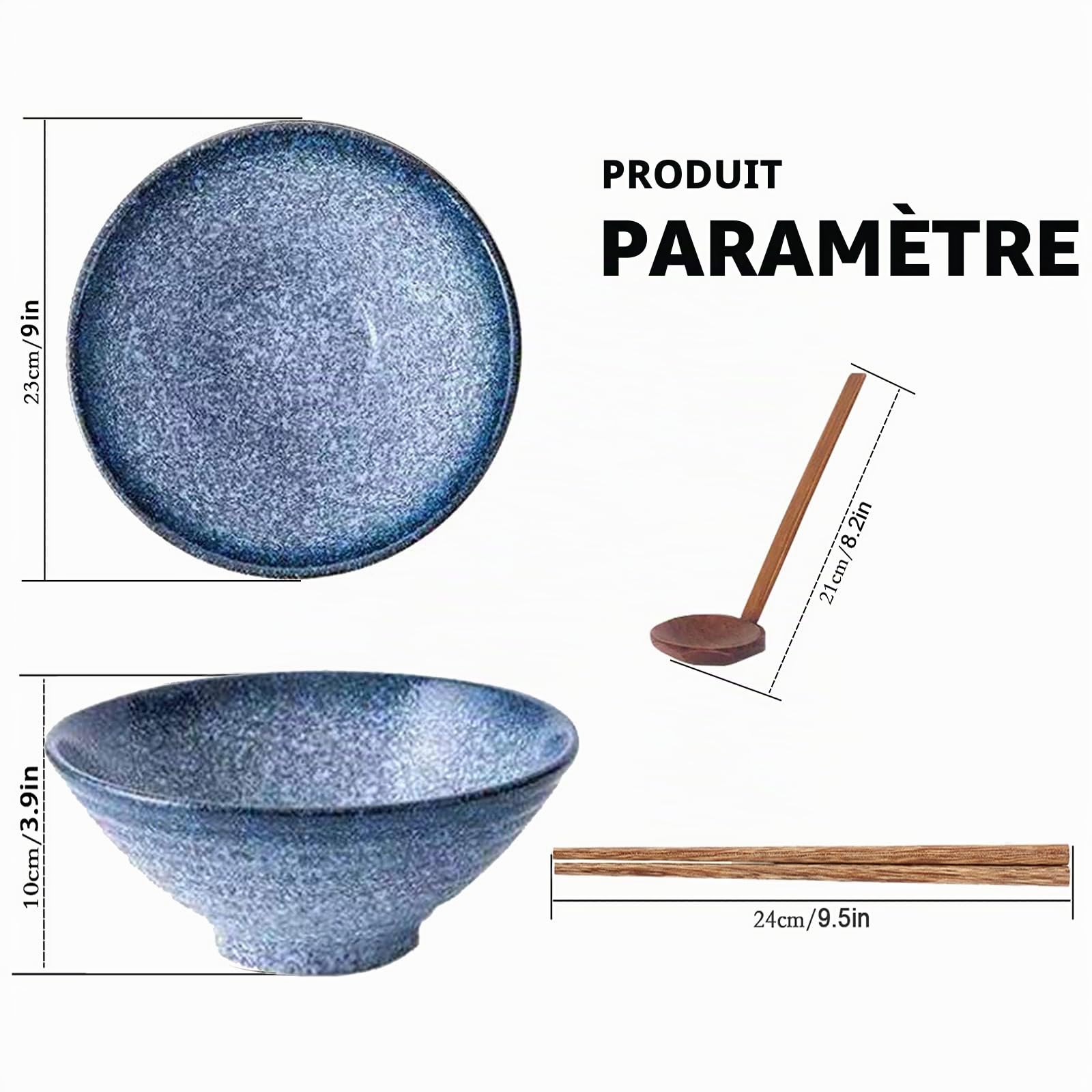 Lot de 2 bols à soupe japonais en céramique de 22,9 cm, lot de 6 pièces, bol multifonction de 1600 ml avec cuillère et baguettes assorties, pour nouilles instantanées, soupe, nouilles, Pho (bleu)