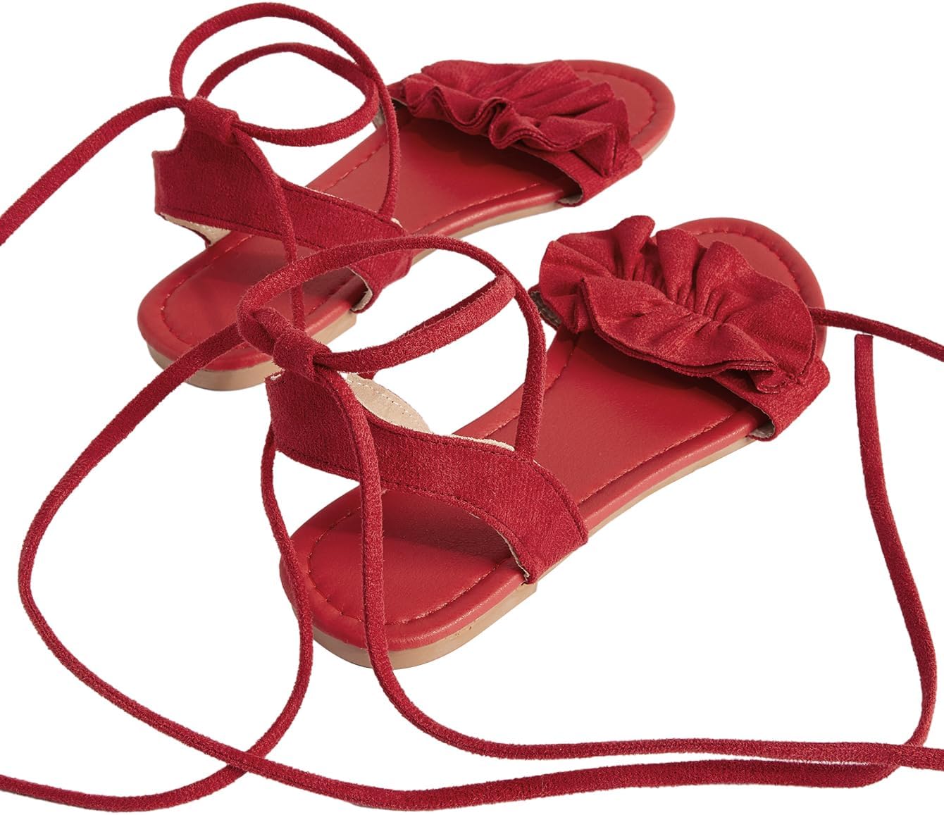 GORGLITTER Women's Lace Up Gladiator Sandals Ruffle Trim Strappy Flat Sandals Casual Tie Up Ankle Strap Sandals - Image 3