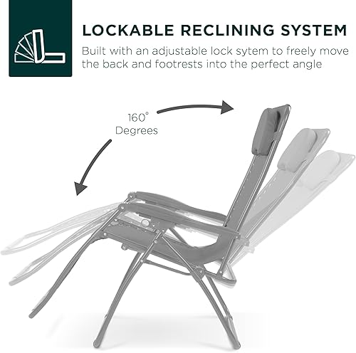 Miniatura 4 de Best Choice Products Silla reclinable de gravedad cero de gran tamaño, plegable para patio al aire libre con soporte para tazas, bandeja de