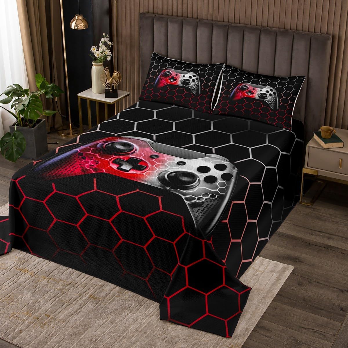 Gaming Gamepad Kids Bedspread Twin Size,Video Games Controller Modern Gamers Bedding Set,Boys Men Room Decor,Geometric Honeycomb Hexagon Quilted Coverlet,Blue Fashion Bedding Quilt,1 Pillowcase