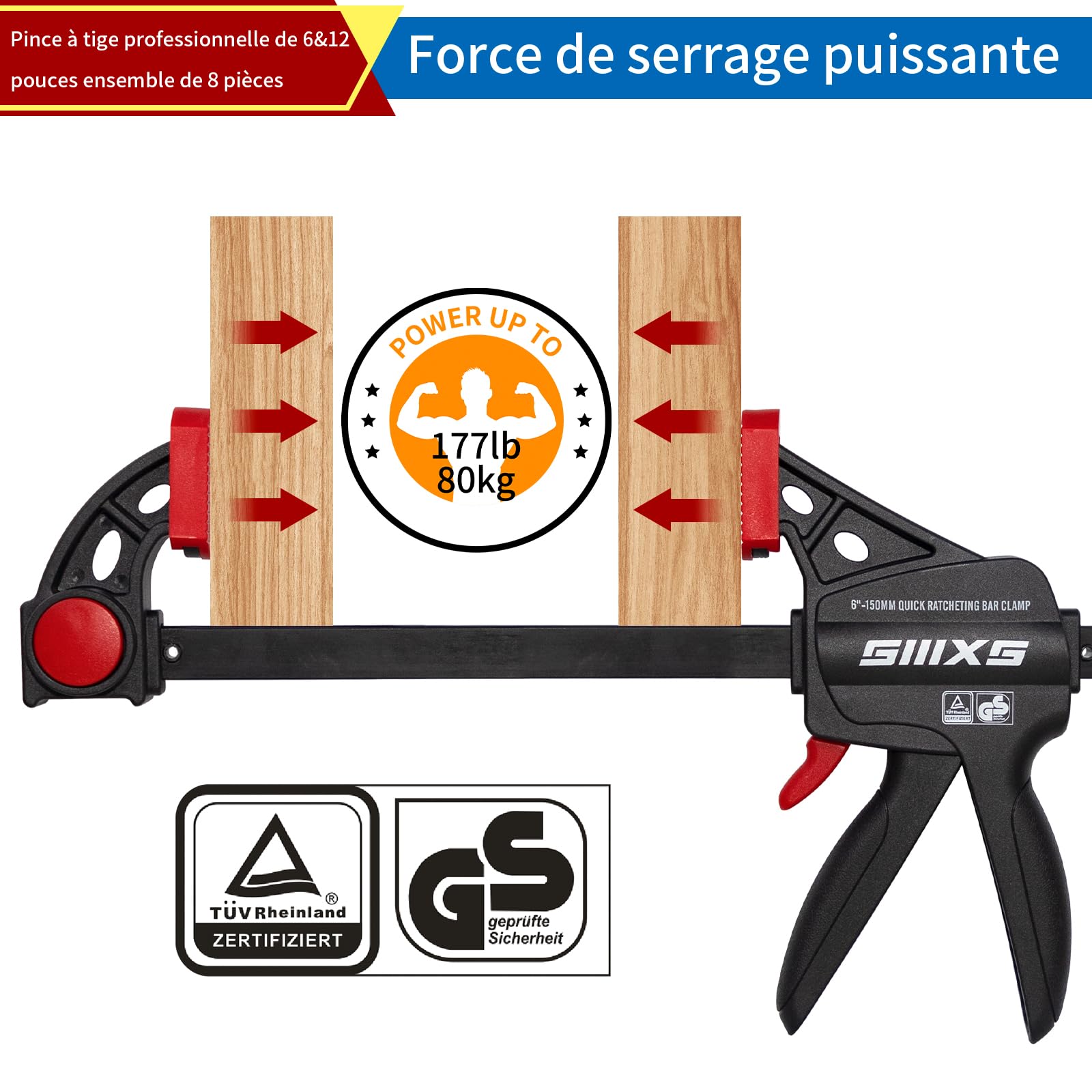 Lot de 8 serre-joints à une main Force de serrage 80 kg Envergure 152mm 4 classiques et 304mm 4 classiques serre-joints pour une fixation précise et le travail du bois avec certificat GS