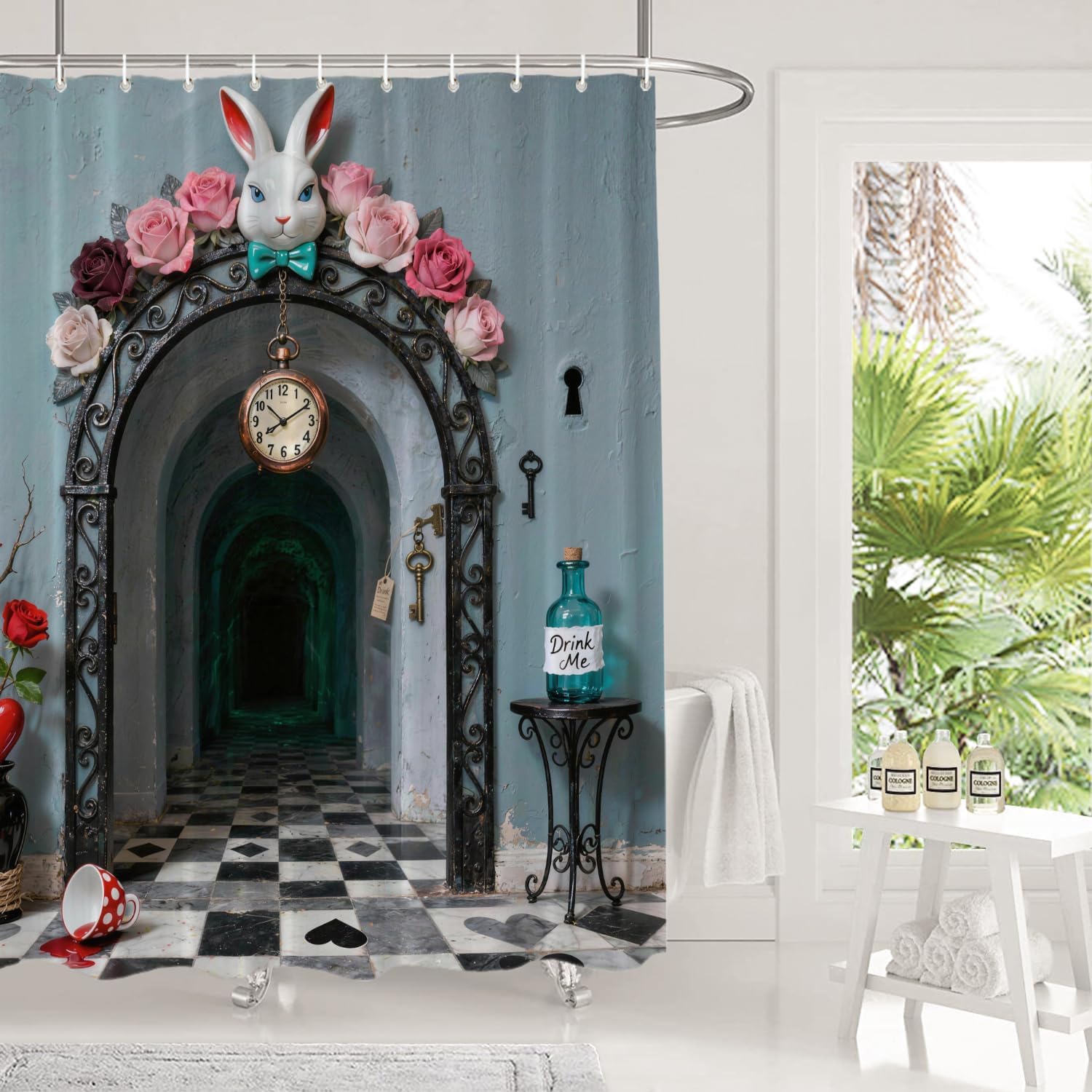 Shrahala Blue Rose Shower Curtain, White Rabbit Time Alice in Wonderland Decor Shower Curtain for Shower Stall Bathroom Waterproof of Standard Size 72x72 Inch