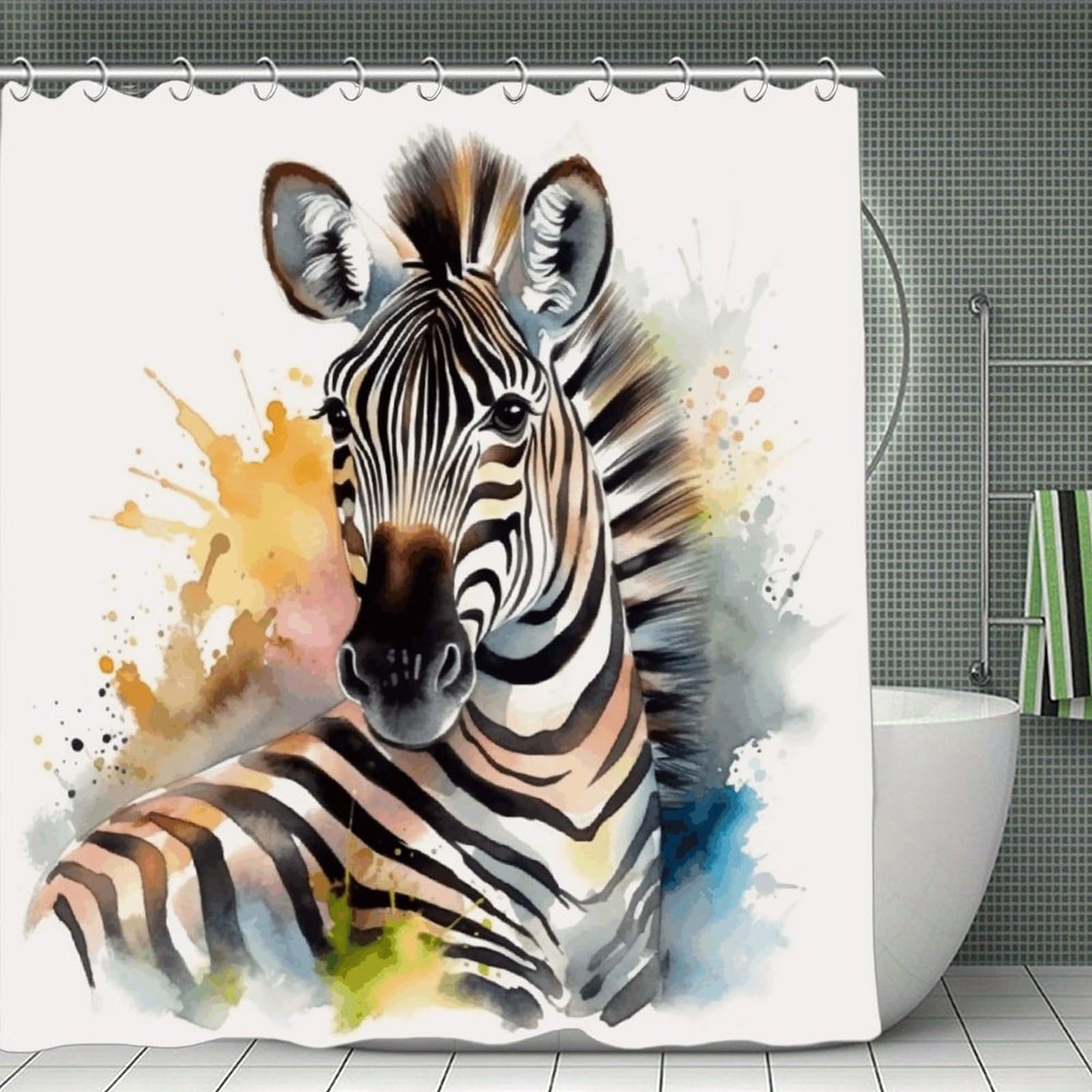 VstaDank Cute Zebra Watercolor Shower Curtain Waterproof Bathroom Curtain with Hooks Luxury Weighted Bath Curtains for Bathtubs Showers Room Dividers Decorative Shower Curtains 71x71 in
