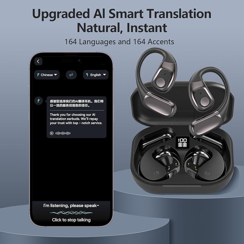 AI Translation Earbuds Real Time, 3-in-1 Translator Earbuds 164 Languages & Accents, Audifonos Traductores Inglés Español,Open Ear Wireless Headphones with Charging Case fit iOS & Android Black image 3